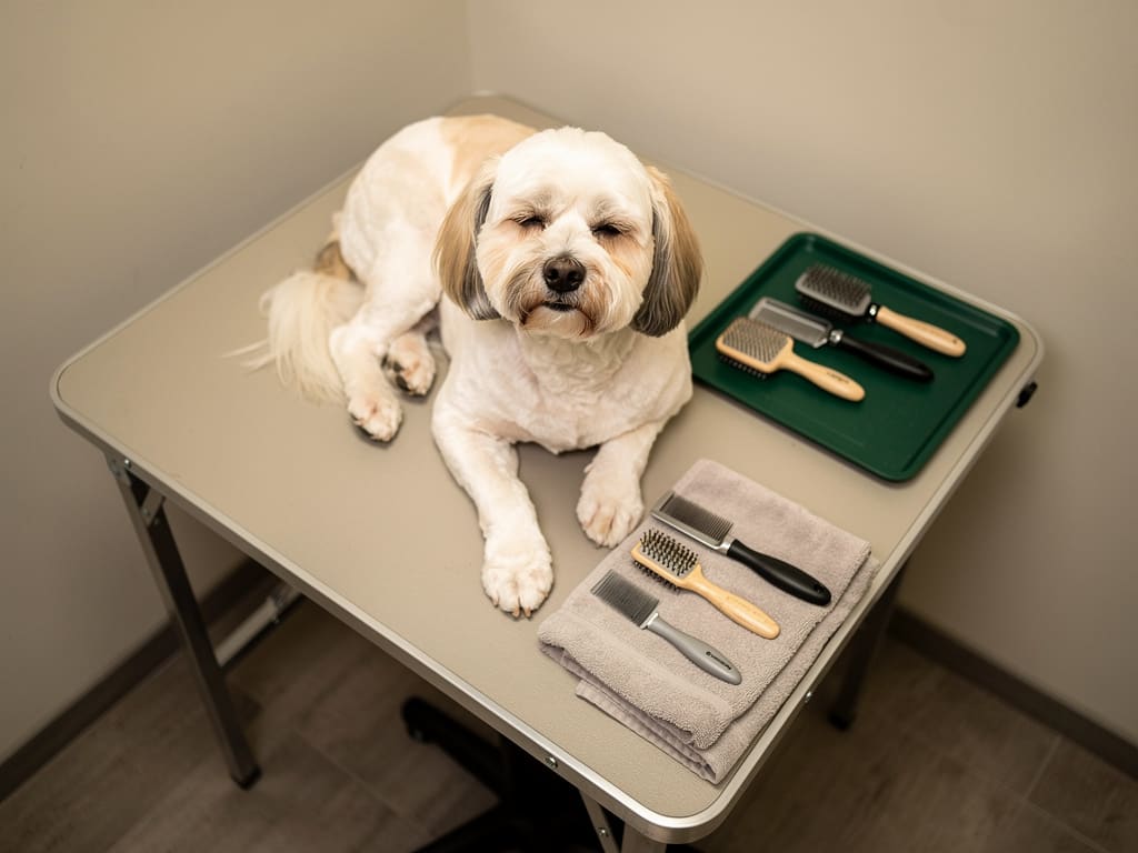 Cane pronto dopo la toelettatura accanto agli strumenti da lavoro